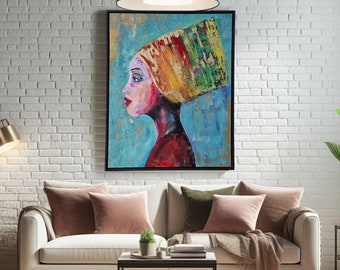 Hand-painted acrylic painting on wood, 84 x 104 cm – unique piece “Nefertari” with gold accents and shadow gap frame – modern wall art