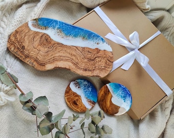 Personalized Gift Set | Olive Wood Board & Coaster | Engraved Wedding Gift | Gift Set for Girlfriend | Unique Table Decoration