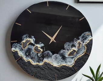 Epoxy resin wall clock in black & gold | Resin clock in various sizes | Handmade designer clock | Modern wall decor | Unique piece with acrylic dial