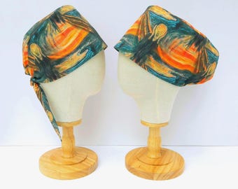 The Scream Scrub Hat, Edvard Munch Print Surgical Scrub Cap, Pull On Euro Style, Adjustable Pixie Style.