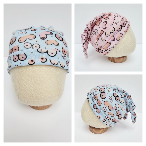 Boob Print Top Knot Beanie, Breastfed Baby Beanie, Super Soft Baby Beanie Hat. Choice Of Blue Or Pink.