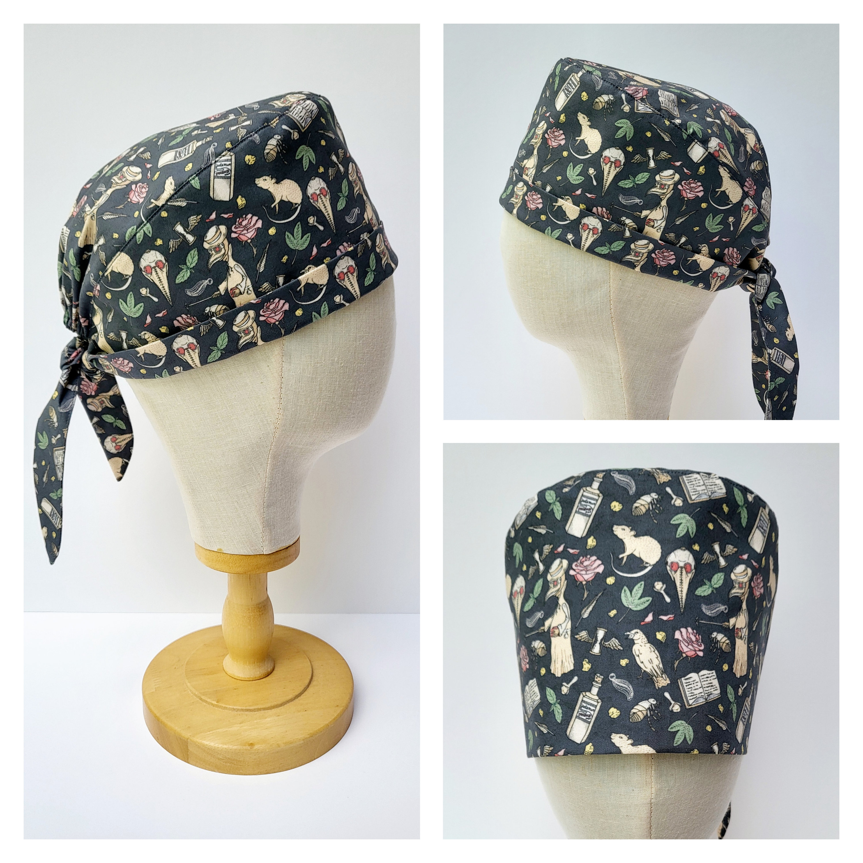 Pretty Plague Doctor Print Pixie Style Surgical Scrub Hat, Cap.  100% Cotton, Adjustable, Washable.