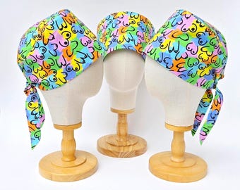Crazy Boobs Print Surgical Scrub Hat: Adjustable Tie Back Pixie Cap, Pull On Euro Style Hat.