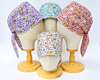 Spayed Dog Scrub Hat, Female Dog Print Veterinary Surgical Cap, Tie-Back Pixie Style