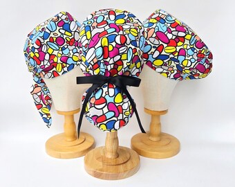 Pill Print Surgical Scrub Hat, Pixie, Euro, Scull Cap, Ponytail, Euro-Pony Styles