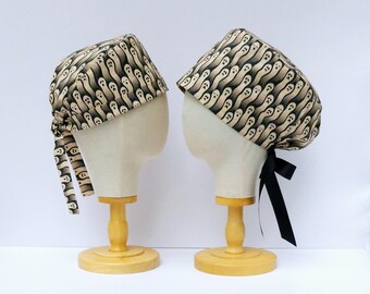 Ghost Print Scrub Hat, Structured Full Coverage Euro Style Halloween Surgical Scrub Cap. 27&quot; Adjustable, Washable.