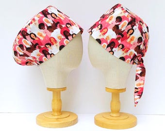 Breast Cancer Women Surgical Scrub Hat, Scrub Cap, Pull On Euro Style, Adjustable Tie Back Pixie Style.