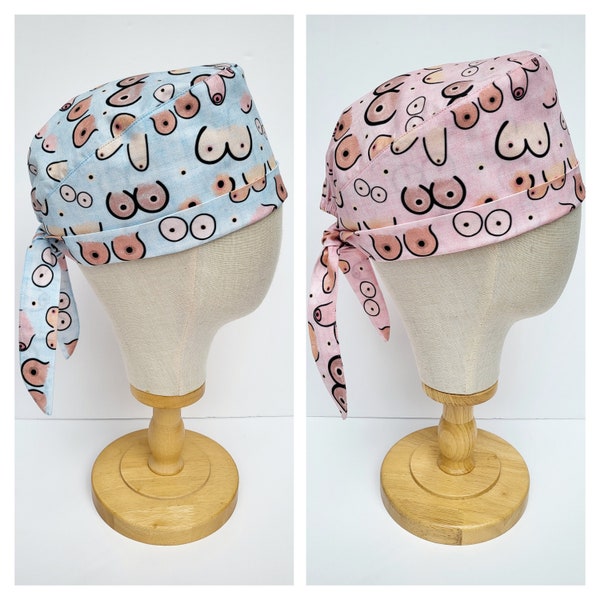 Big Boob Print Surgical Scrub Hat, Pixie Style Scrub Cap, Adjustable Tie Back Surgical Hair Covering.
