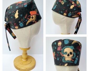 Black Death Print Surgical Scrub Hat, Plague Doctor Scrub Cap, Tie Back Pixie Style Scull Cap.