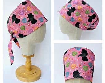 Valentines Day Plague Doctor Scrub Hat, Wicked Love Hearts Print Surgical Scrub Cap, Pull On Euro Style, Adjustable Pixie Style.