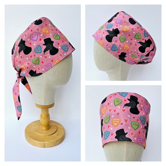 Valentines Day Plague Doctor Scrub Hat, Wicked Love Hearts Print Surgical Scrub Cap, Pull On Euro Style, Adjustable Pixie Style.