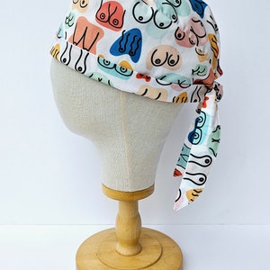 Modern Boob Print Surgical Scrub Hat, Colourful Rainbow Boobs Scrub Cap, Pull On Euro Style, Adjustable Tie Back Pixie Style. image 7