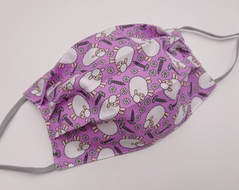 Silk Lined Springtime Purple Screw Ewe Cotton Print Face Mask, Three Layers, Nose Wire, Washable.