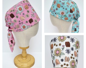 Boho Butt Surgical Scrub Hat, Floral Cosmetic Scrub Cap. Adjustable Pixie Style Surgical Hat.