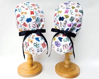 Tumbled Tits, Modern Boob Print Euro-Pony Style Surgical Scrub Hat, Cap