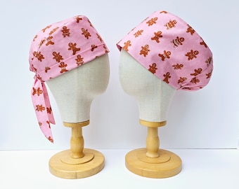 Ginger Boob Women Print Surgical Scrub Hat, Christmas Gingerbread Scrub Cap, Pull On Euro Style, Adjustable Tie Back Pixie Surgical Cap .