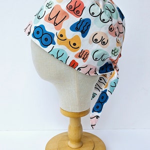 Modern Boob Print Surgical Scrub Hat, Colourful Rainbow Boobs Scrub Cap, Pull On Euro Style, Adjustable Tie Back Pixie Style. image 4