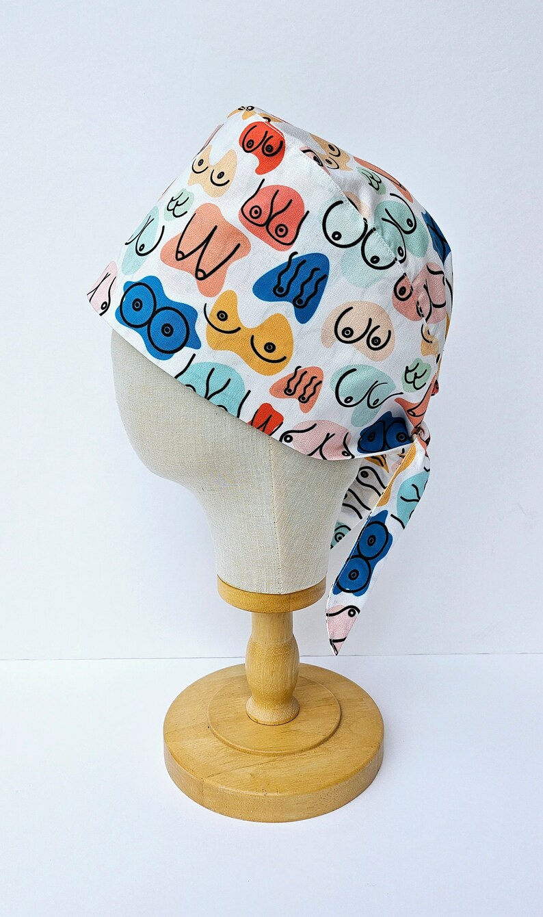 Modern Boob Print Surgical Scrub Hat, Colourful Rainbow Boobs Scrub Cap, Pull On Euro Style, Adjustable Tie Back Pixie Style. image 4