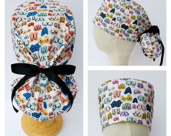 Modern Boob Print Surgical Scrub Hat, Ponytail Style Scrub Cap, Long Hair Surgical Calot