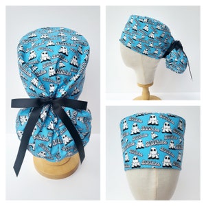 Boobie Ghosts Surgical Scrub Hat, Halloween Boob Print Scrub Cap, Ponytail Style Scrub Hat, Long Hair Surgical Cap.