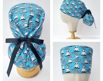 Boobie Ghosts Surgical Scrub Hat, Halloween Boob Print Scrub Cap, Ponytail Style Scrub Hat, Long Hair Surgical Cap.