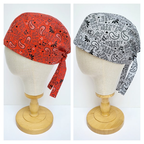 Bandana Print Surgical Scull Cap, Biker Style Scrub Hat, Chef's Tie Back Hair Covering