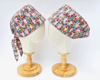 Botanical Beauties Surgical Scrub Hat, Cosmetic Surgery Scrub Cap, Pull On Euro Style Hat, Adjustable Tie Back Pixie Cap .