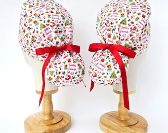 Santa's Favourite Ho Christmas Holiday Surgical Scrub Hat, Cap: Euro-Pony Style