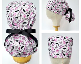 100 % That Witch Print Print Surgical Scrub Hat, Halloween Ponytail Style Scrub Cap, Long Hair Surgical Hair Covering