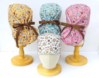 Boho Butt Print Surgical Scrub Hat, Cosmetic Surgery Ponytail Style Scrub Cap, Long Hair Adjustable Surgical Hair Covering.
