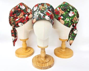 Breasts Of Christmas Boob Print Surgical Scrub Hat: Adjustable Tie Back Pixie Cap, Pull On Euro Style Hat.