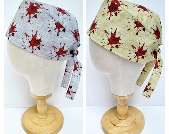 Blood Stained Bandages Halloween Print Unisex Pixie Style Surgical Scrub Hat, Adjustable, Washable, 100% Cotton.
