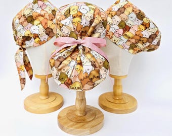 Multicultural Mosaic Boob Print Surgical Scrub Hat, Pull On Euro Style, Tie Back Pixie Style, Ponytail Style, Shallow Scull Cap