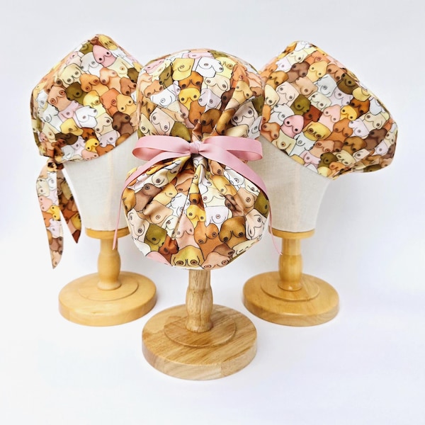 Multicultural Mosaic Boob Print Surgical Scrub Hat, Pull On Euro Style, Tie Back Pixie Style, Ponytail Style, Shallow Scull Cap