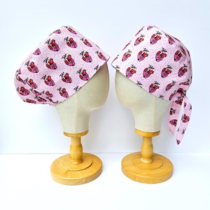 Cardiology Surgical Scrub Hat, Heart Print Scrub Cap, Valentine's Day Surgical Hair Covering, Pull On Euro Style, Adjustable Pixie Style.