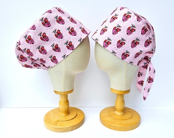 Cardiology Surgical Scrub Hat, Heart Print Scrub Cap, Valentine's Day Surgical Hair Covering, Pull On Euro Style, Adjustable Pixie Style.