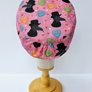 Valentines Day Plague Doctor Scrub Hat, Wicked Love Hearts Print Surgical Scrub Cap, Pull On Euro Style, Adjustable Pixie Style. image 4