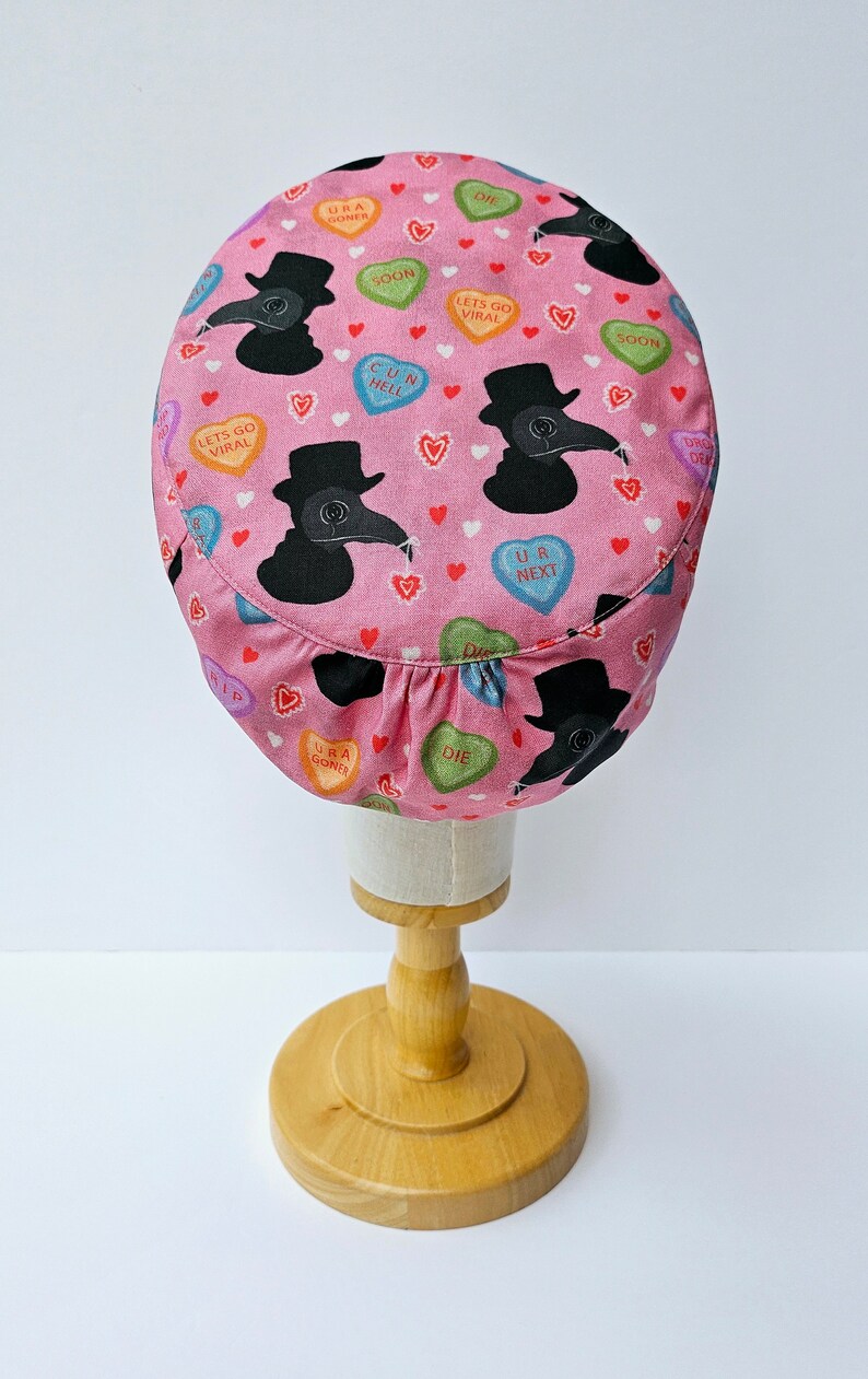 Valentines Day Plague Doctor Scrub Hat, Wicked Love Hearts Print Surgical Scrub Cap, Pull On Euro Style, Adjustable Pixie Style. image 4