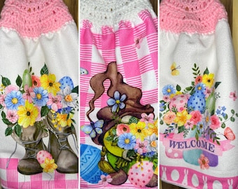 Easter Kitchen Towel Set of 3 with Crocheted top