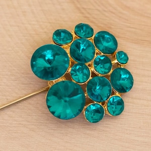 Vintage Intricate Circular Teal Rhinestones Floral Stick Pin - B9