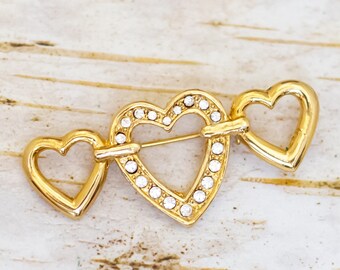 Broche Vintage Cœur Doré 3 Cœurs - Occasion - Bijou Fantaisie Femme