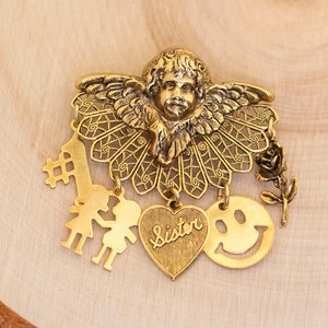 Vintage Elegante Familie Zus Liefde Engel Gouden Toon Broche - B10