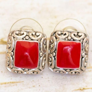 Vintage Red Square Silver Tone Geometric Stud Earrings - BP1