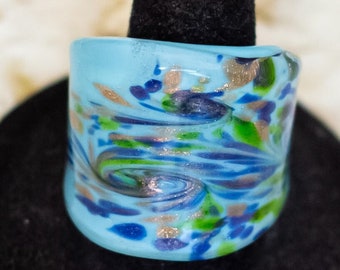 Size 7, Vintage Glass Abstract Nature Doodle Blue Ring - B14