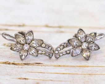 Vintage Rhinestone Floral Elegant Sterling Silver Screwback Earrings - BM1