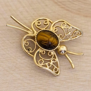 Art Nouveau Tiger&#39;s Eye Butterfly Vintage Brooch by Sarah Coventry - BC1