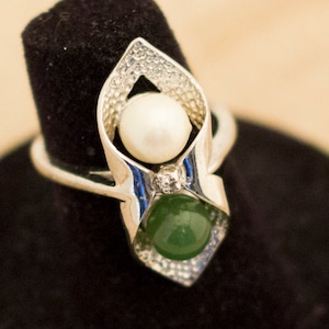 Size 5 3/4, Sterling Silver Ring, Sterling Ring, Victorian Ring, Elven Ring, Fantasy Ring, Medieval Ring, Pearl Ring, Jade Ring,Gift For Her