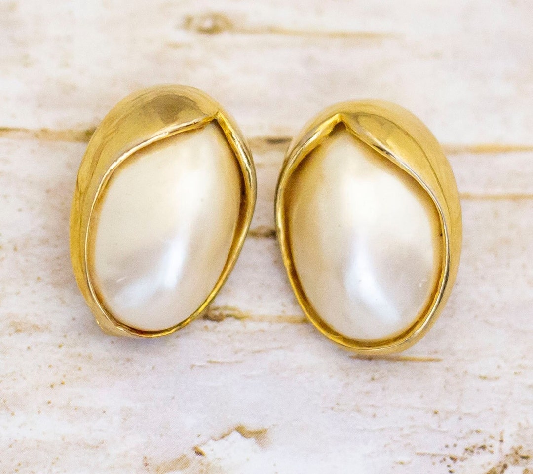 Boucles D'oreilles Clips Fantaisie Doré Avec Perle Ovale - Occasion
