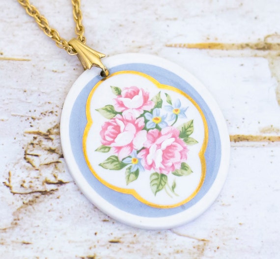 24 inch, Vintage Oval Floral Ceramic Necklace by … - image 1