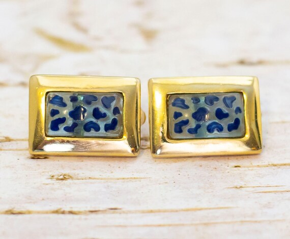 Vintage Geometric Rectangle Blue Patterned Clip O… - image 1